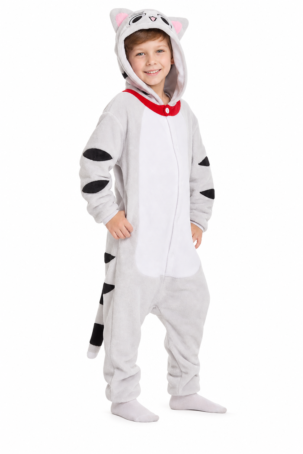 Kids' Hooded White Spotted Cat Kigurumi Costume Onesie