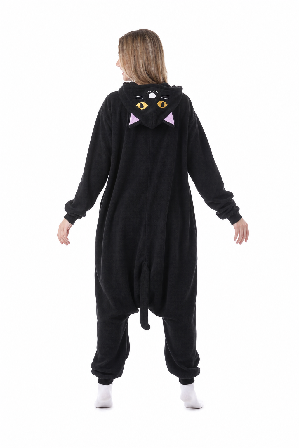 Adult Hooded Black Cat Onesie with Lavender Belly