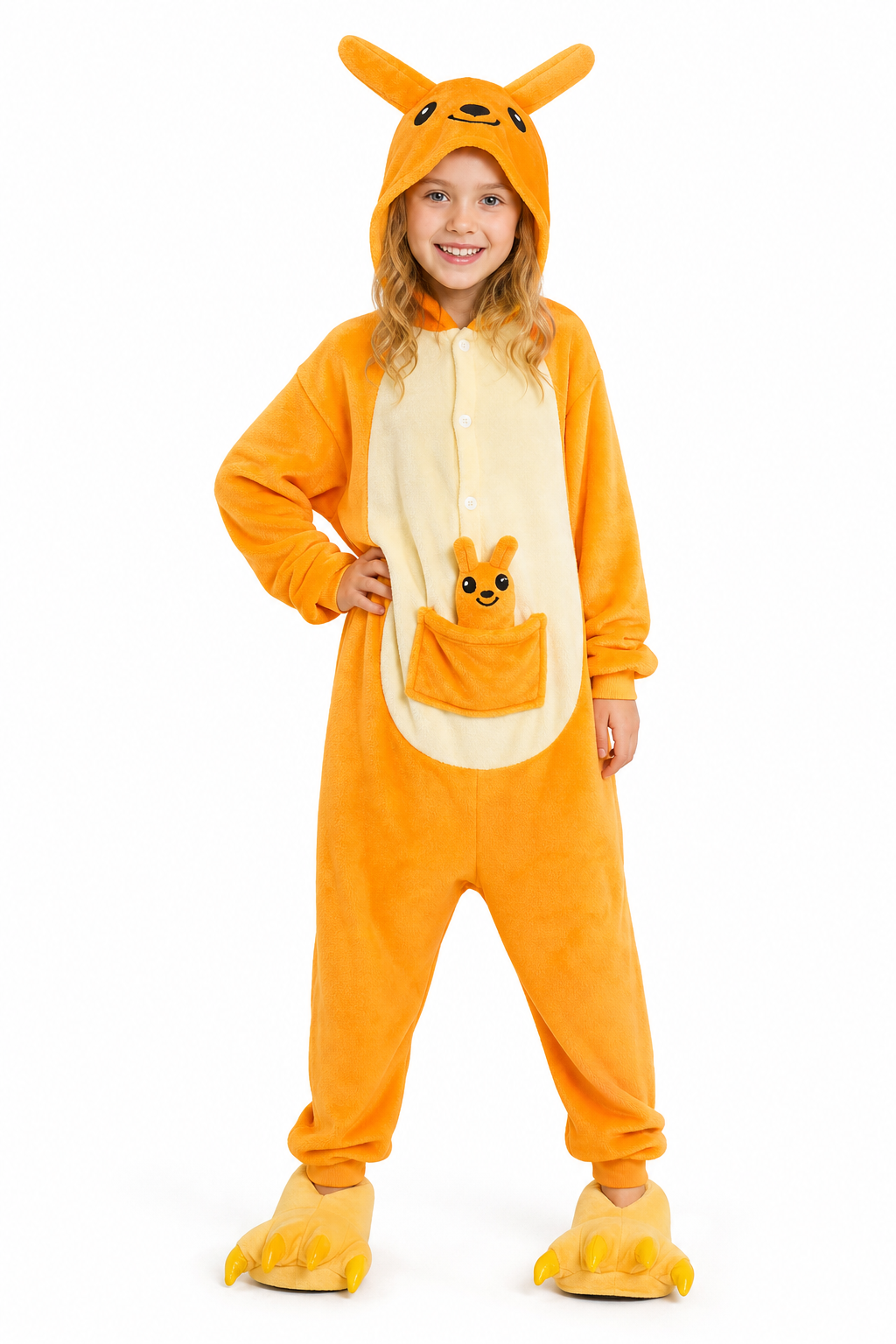 Kids' Hooded Orange Kangaroo & Joey Kigurumi Onesie