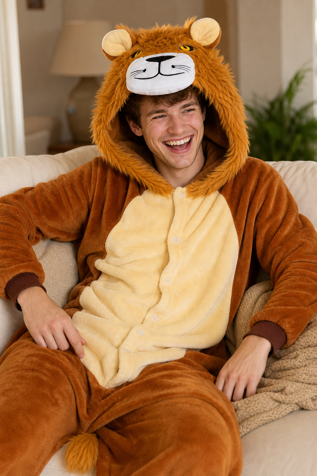 Adult Plush Brown Lion Onesie with Fluffy Mane