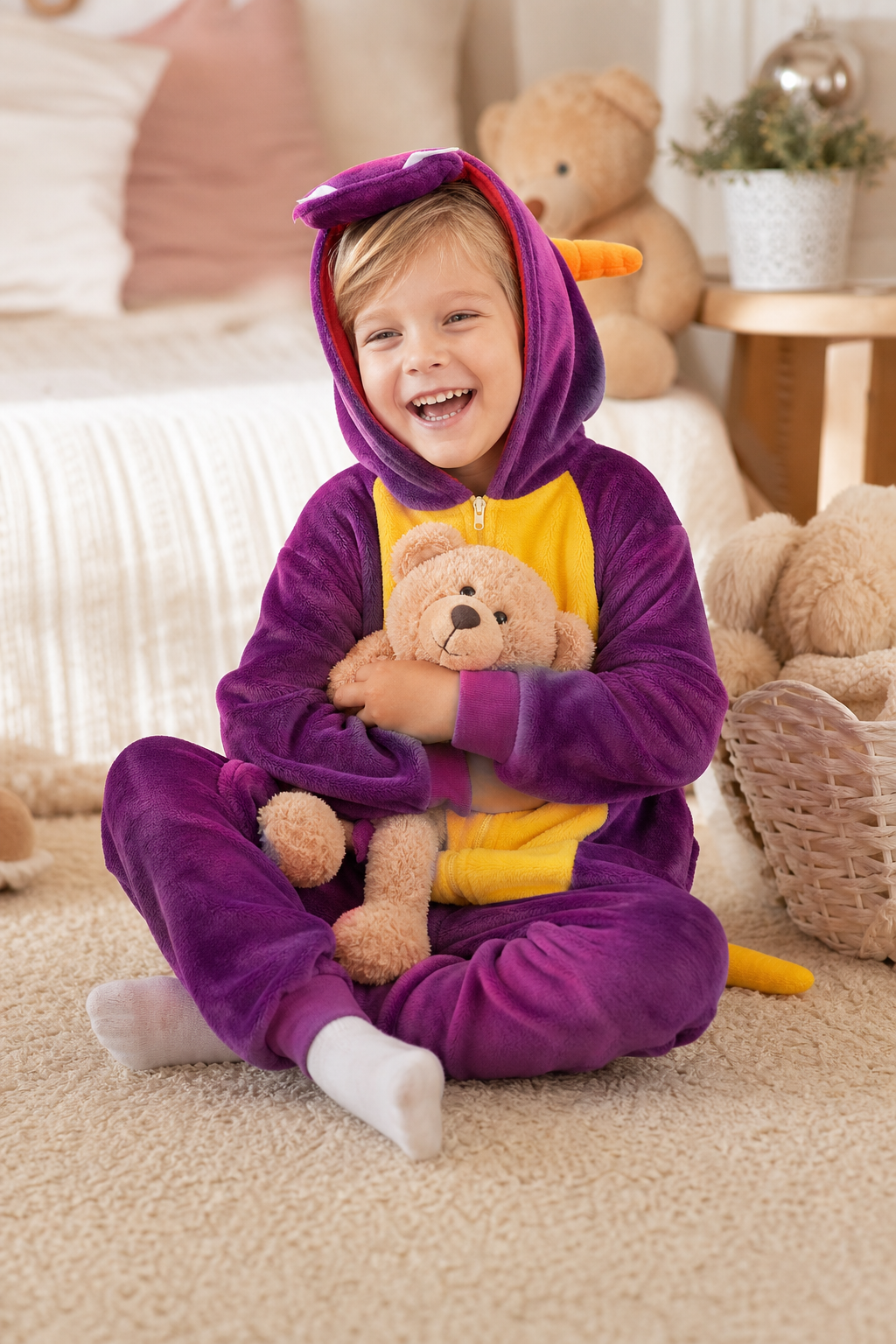Kids' Hooded Purple Dinosaur Kigurumi Costume Onesie