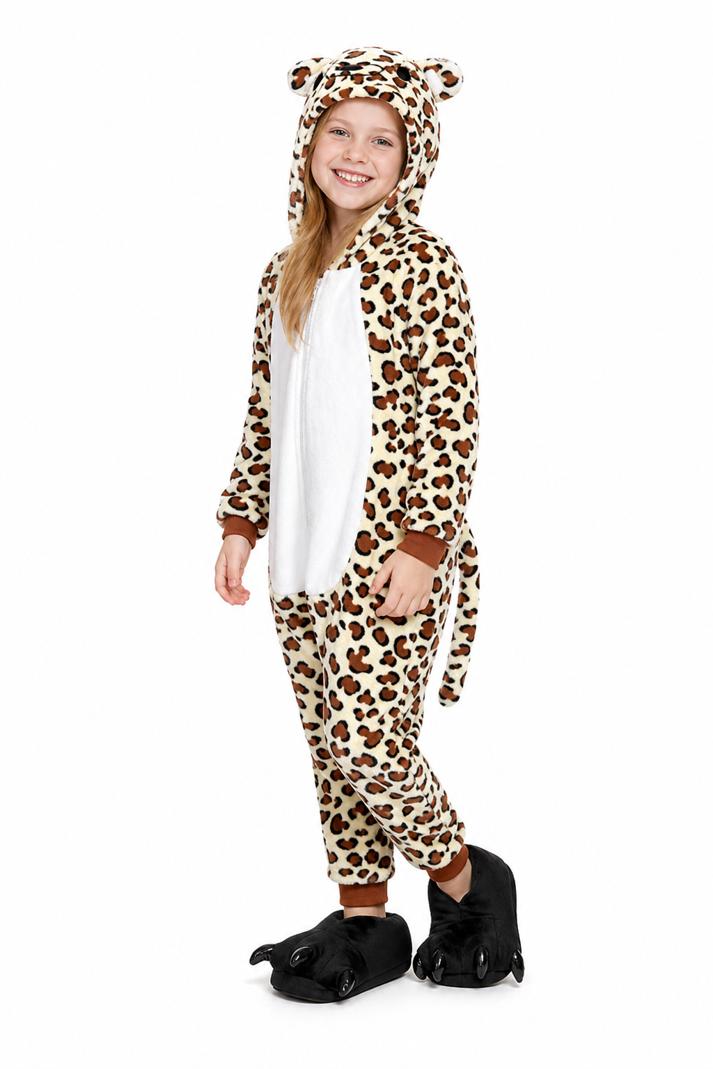 Kids' Hooded Tan Leopard Print Plush Kigurumi Onesie