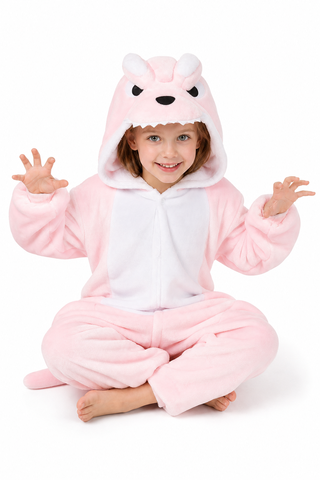 Kids' Hooded Pink Fanged Monster Kigurumi Pajama Onesie