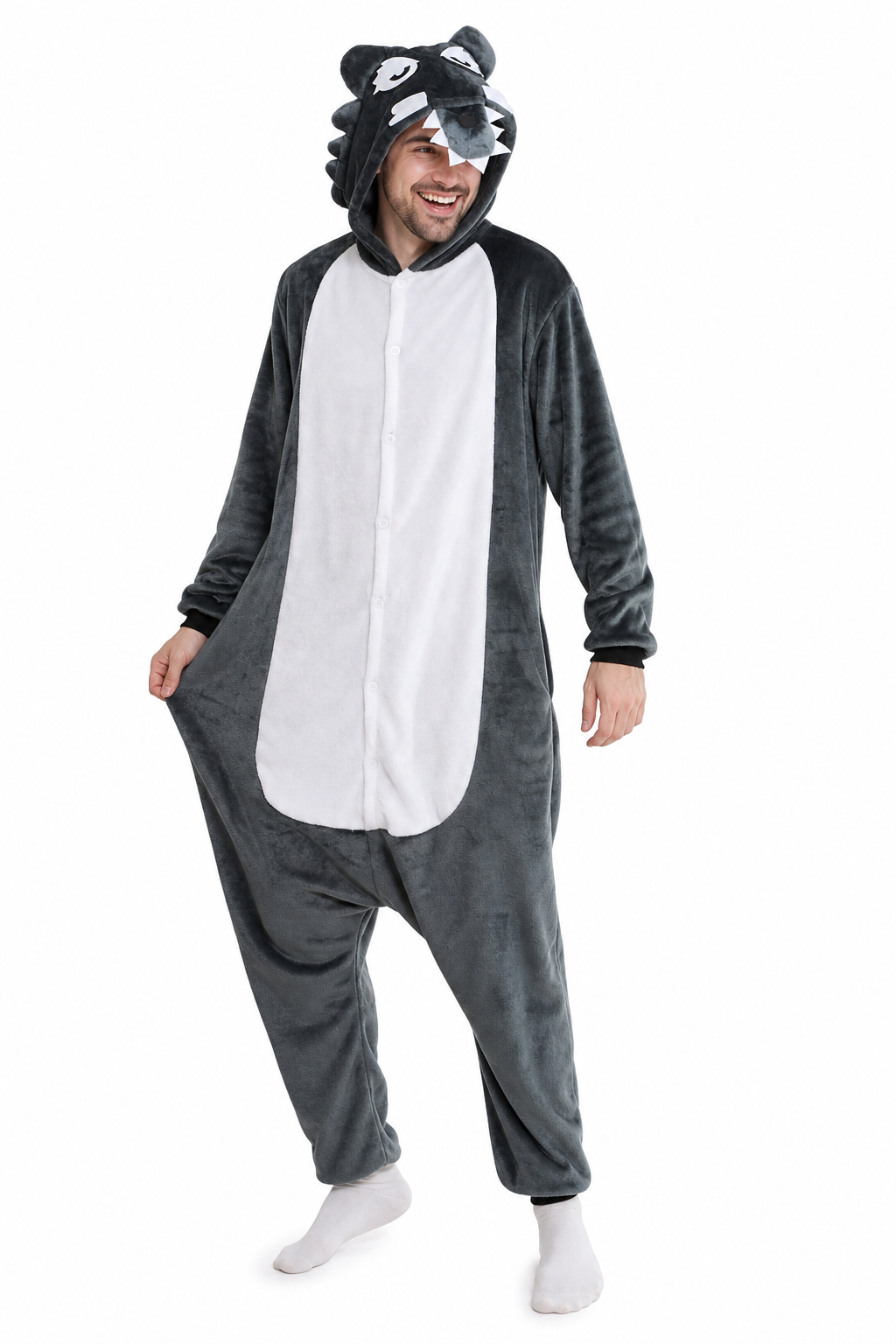 Adult Gray Plush Wolf Onesie