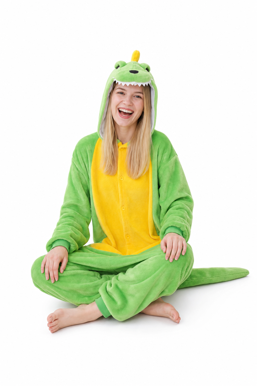 Adult Hooded Bright Green Dinosaur Kigurumi Onesie with Tail