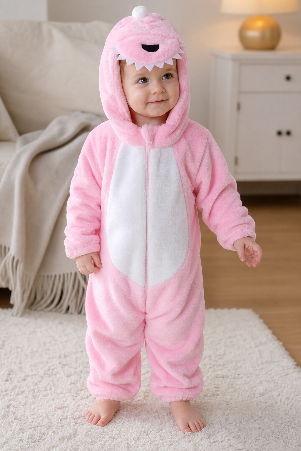 Cute Pink Plush Hooded Baby Monster Kigurumi Onesie