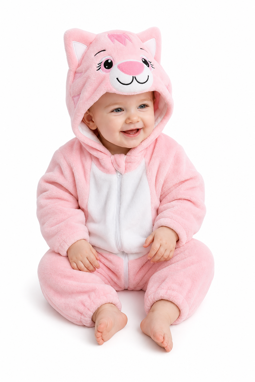 Baby Pink Cat Plush Hooded Kigurumi Onesie
