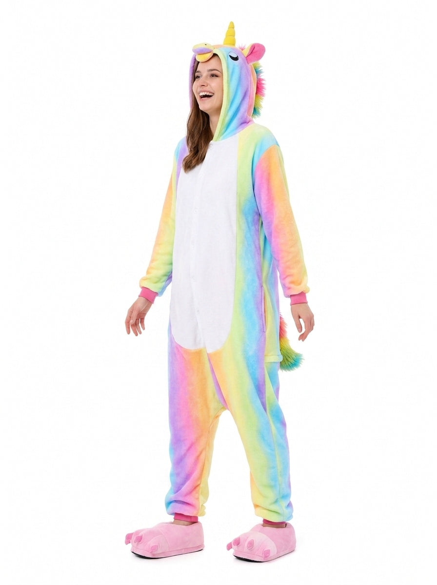 Adult Hooded Pastel Rainbow Ombre Unicorn Kigurumi Onesie with White Belly