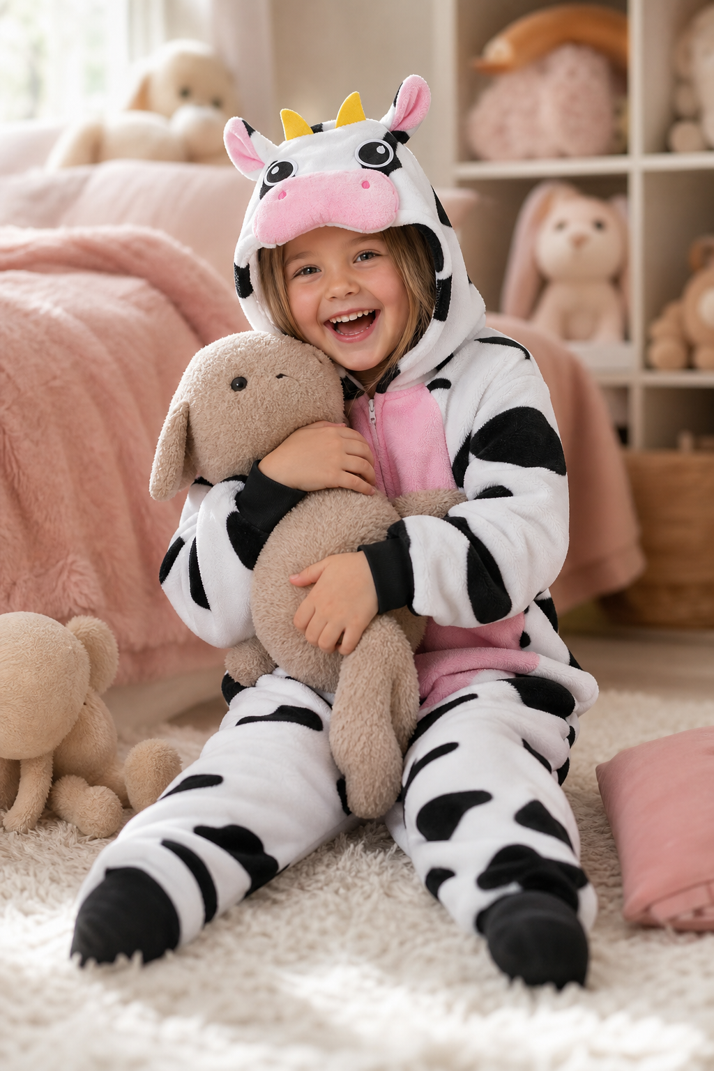 Kids' Hooded Pink Belly Cow Plush Kigurumi Onesie