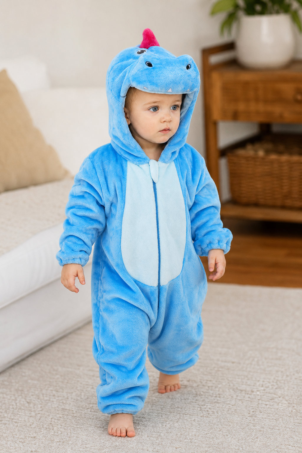 Bright Blue Plush Dinosaur Baby Kigurumi Onesie