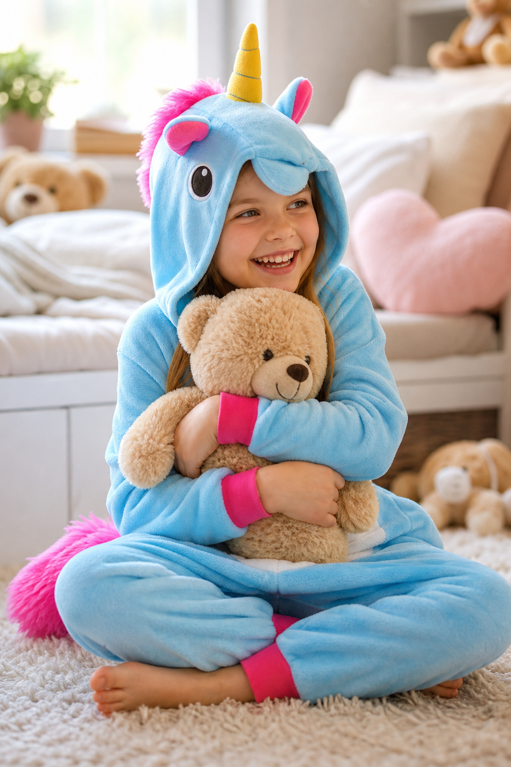 Kids' Hooded Solid Light Blue Unicorn Plush Kigurumi Onesie