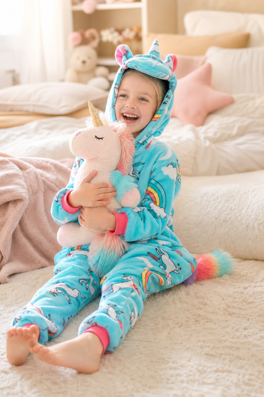 Kids' Hooded Teal Rainbow-Print Unicorn Kigurumi Onesie