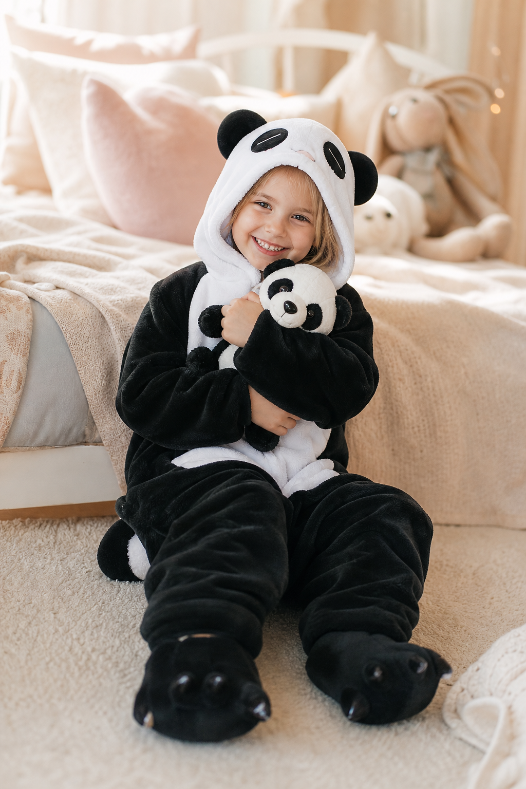 Kids' Hooded Black and White Panda Kigurumi Onesie