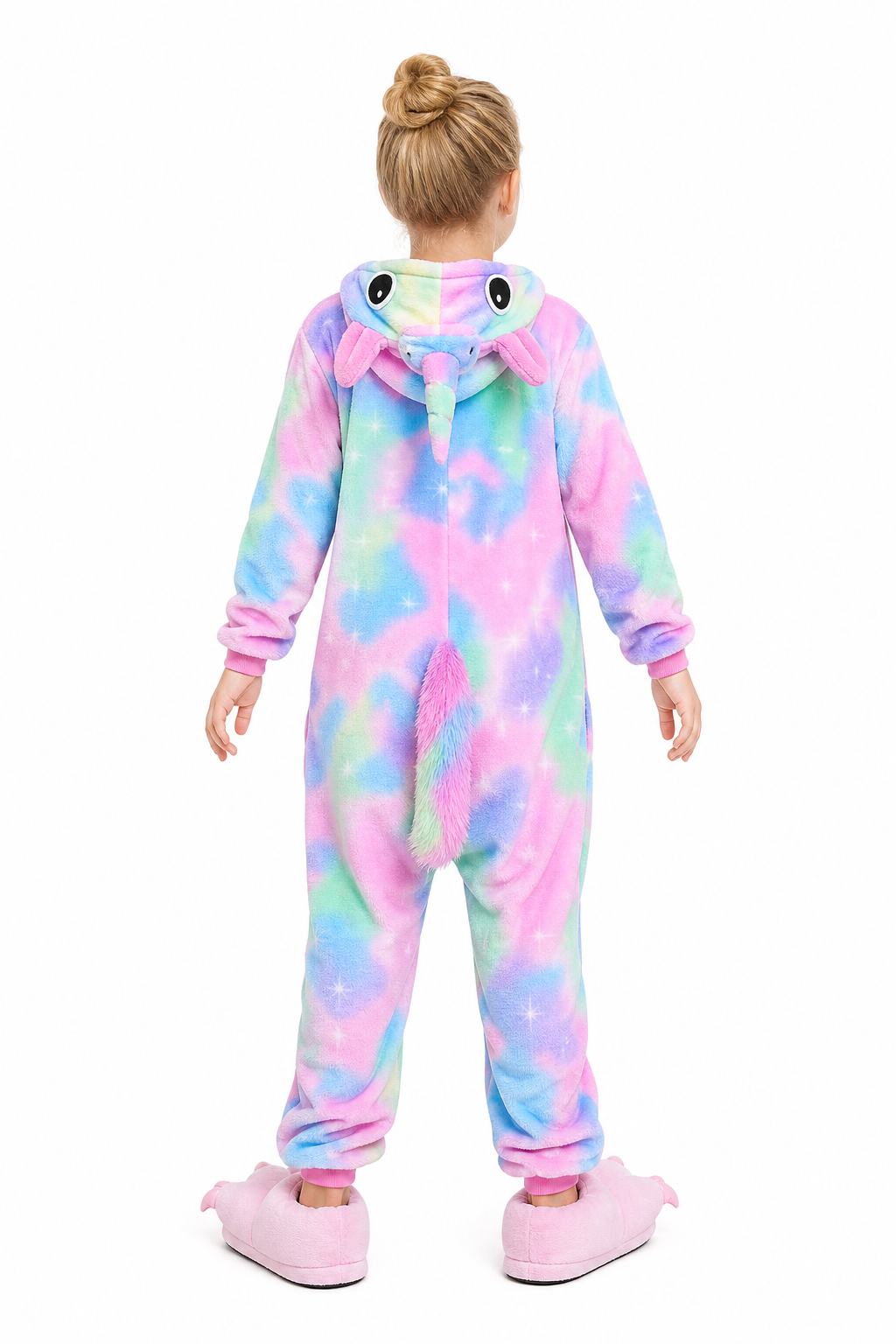 Kids' Hooded Pastel Tie-Dye Glitter Belly Unicorn Plush Kigurumi Onesie