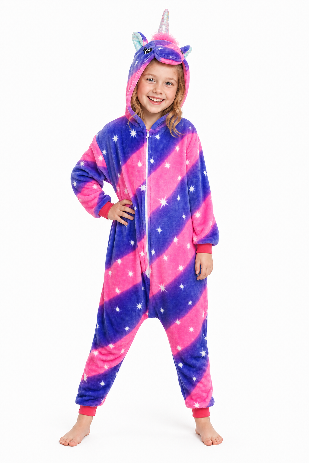 Kids' Hooded Pink and Indigo Star Unicorn Kigurumi Pajama Onesie