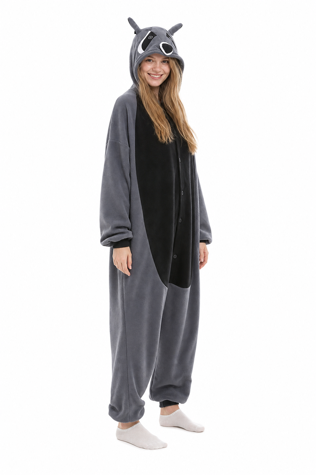 Adult Dark Grey Raccoon Fleece Hooded Onesie