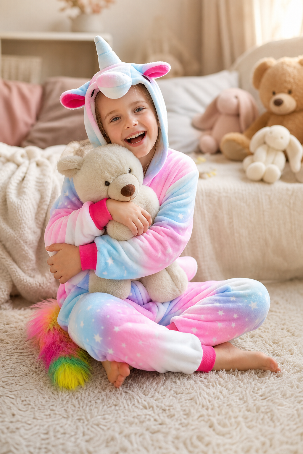 Kids' Hooded Pink and Blue Pastel Star Unicorn Kigurumi Pajama Onesie
