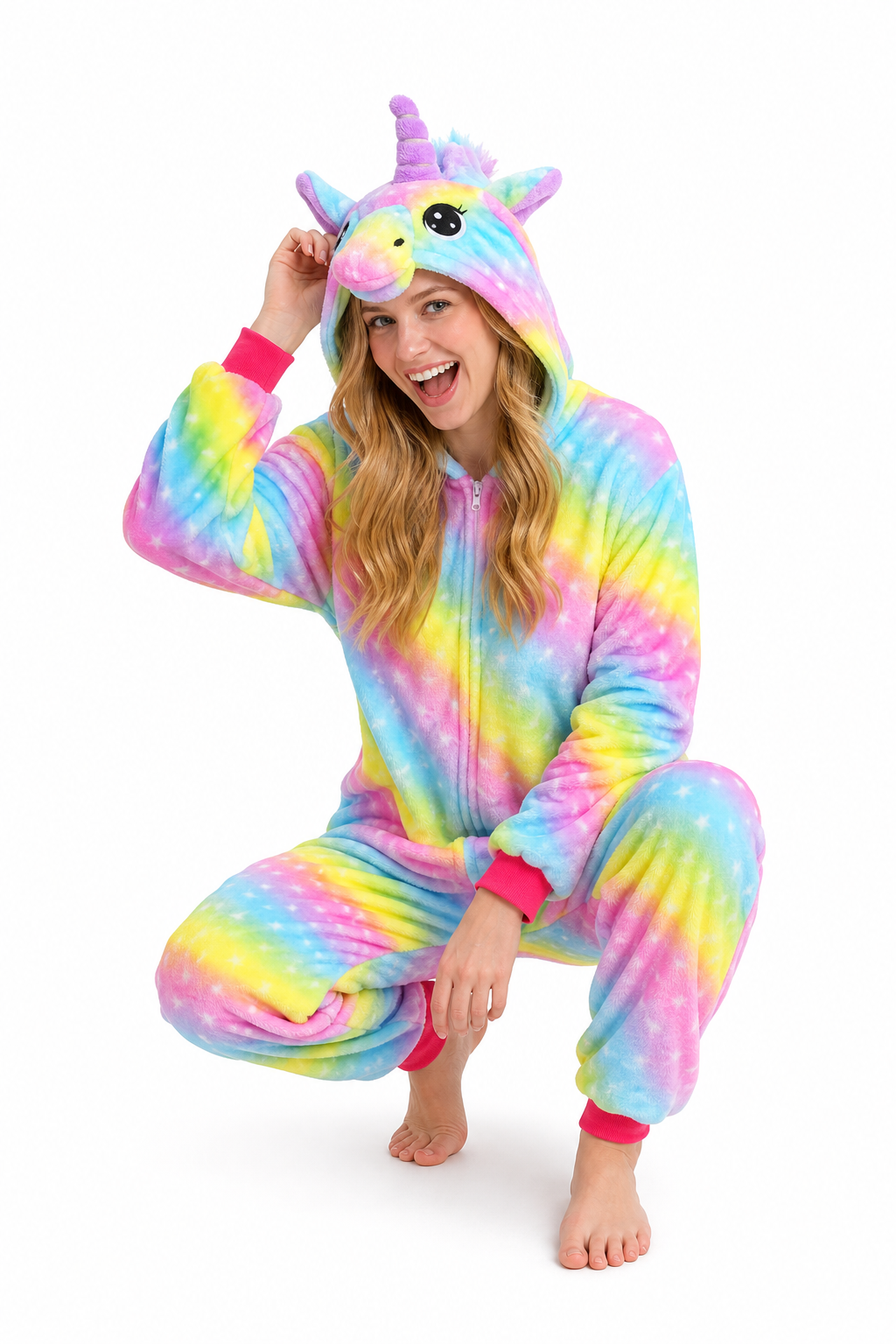 Adult Hooded Multicolor Rainbow Star Unicorn Kigurumi Onesie