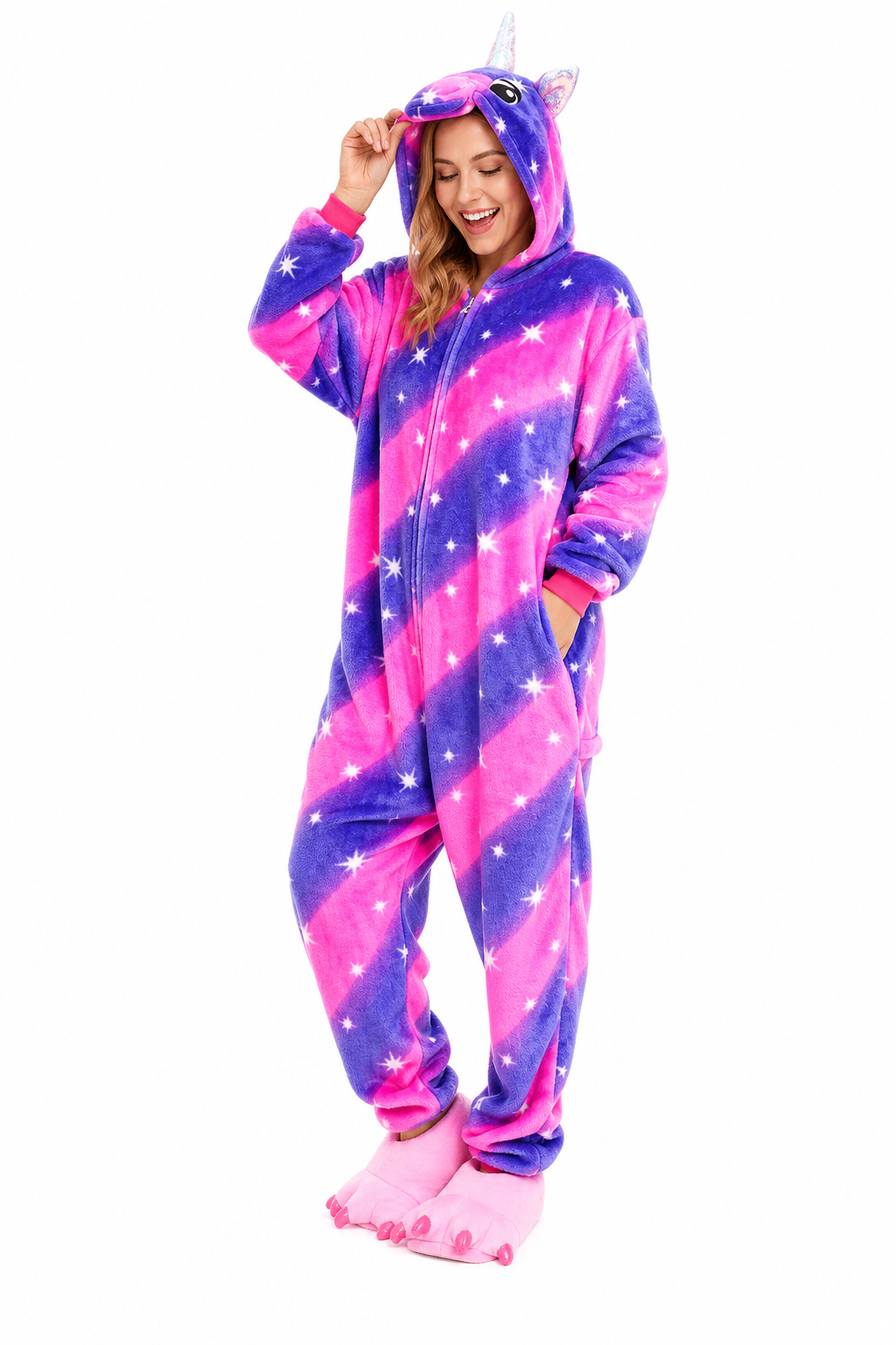 Adult Hooded Neon Pink & Blue Star Stripe Unicorn Kigurumi Onesie