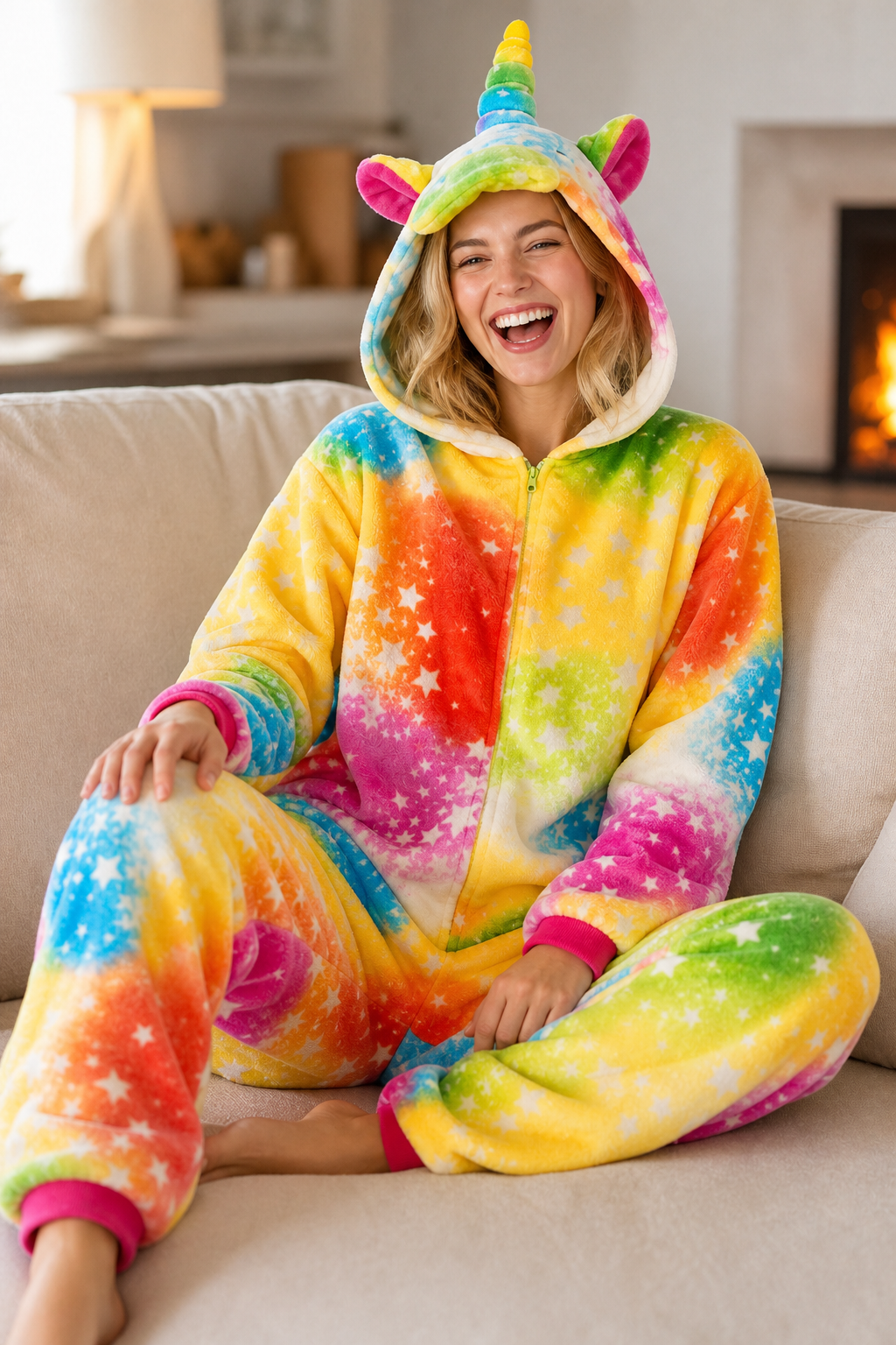 Adult Hooded Bright Rainbow Starburst Galaxy Unicorn Kigurumi Onesie