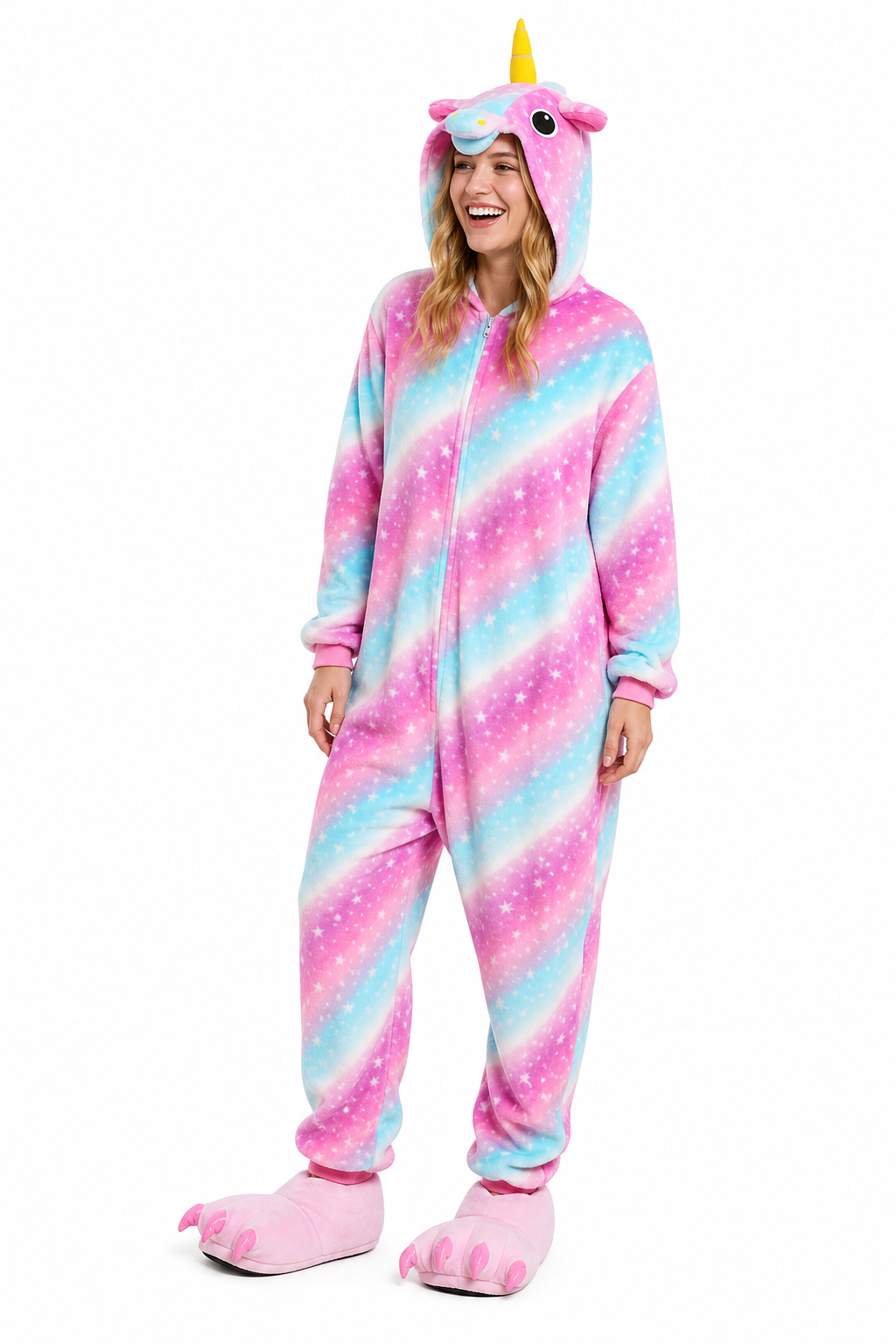 Adult Hooded Pink & Turquoise Starry Stripe Unicorn Kigurumi Onesie