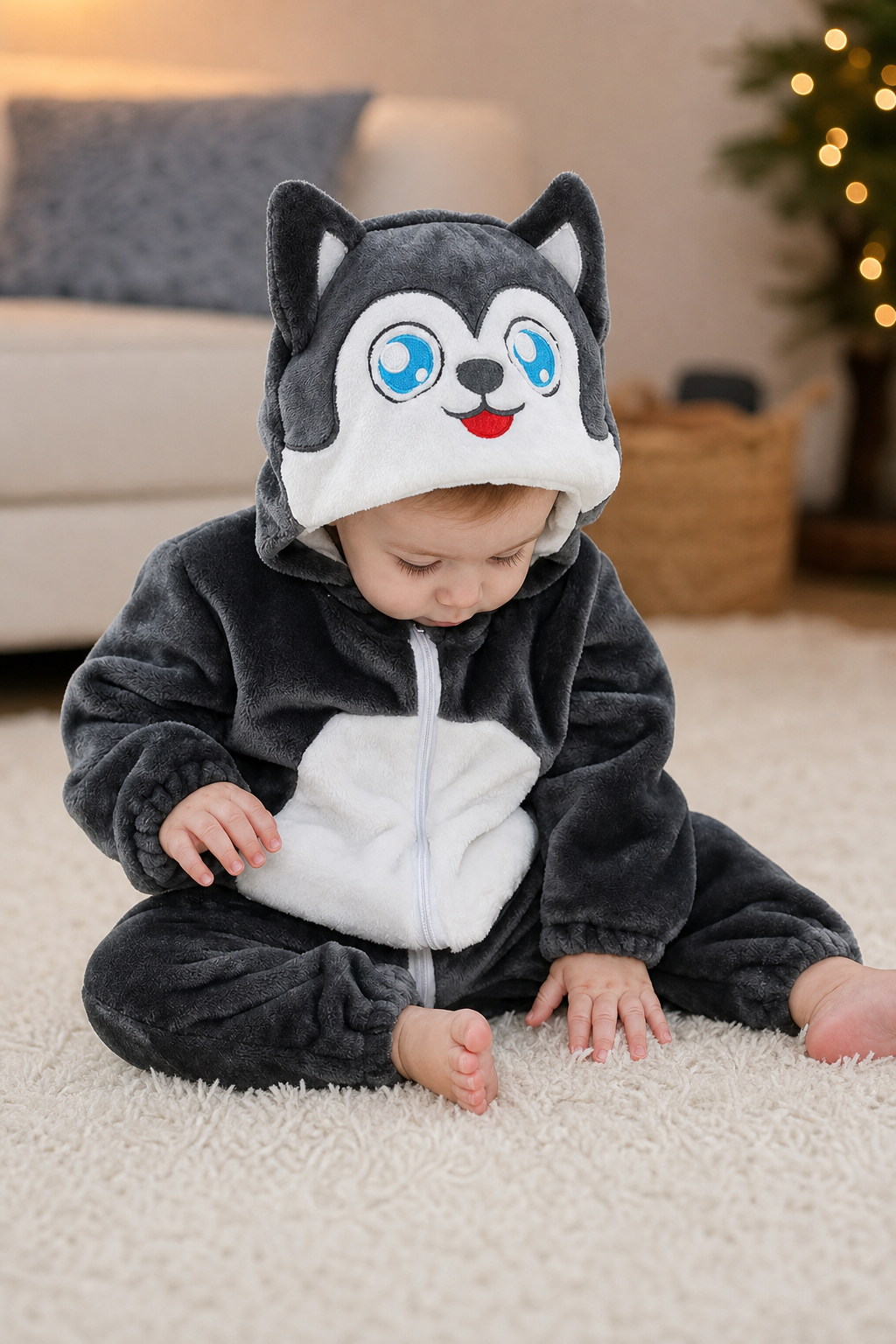 Plush Grey Husky Hooded Baby Kigurumi Onesie