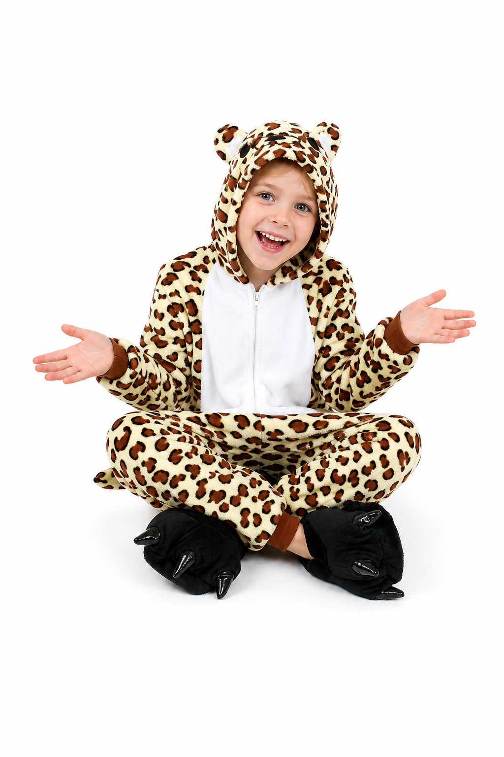 Kids' Hooded Tan Leopard Print Plush Kigurumi Onesie