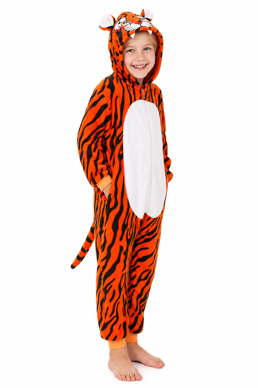 Kids' Hooded Orange Tiger Plush Kigurumi Onesie