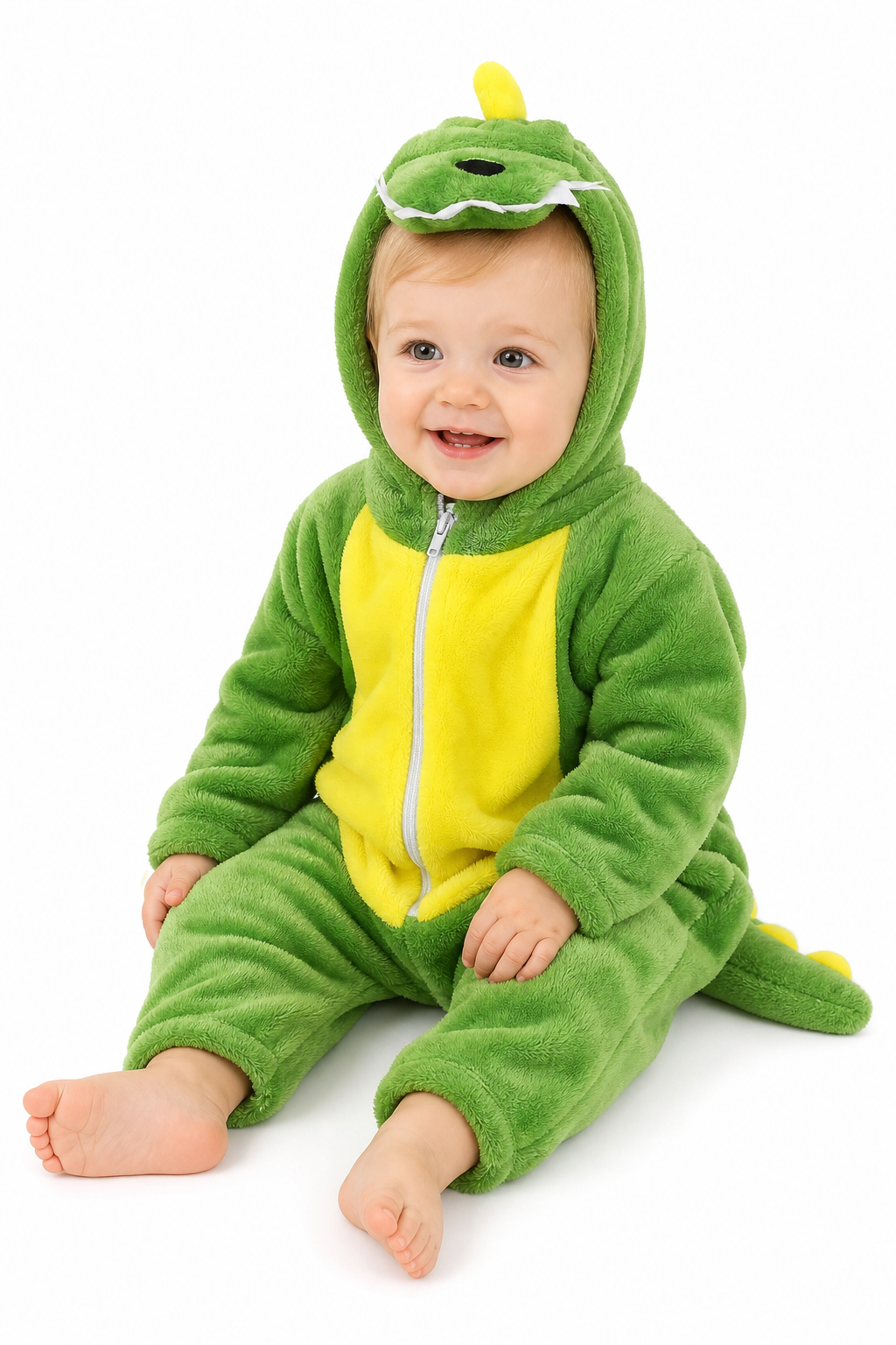 Green Plush Hooded Dinosaur Baby Kigurumi Onesie with Feet