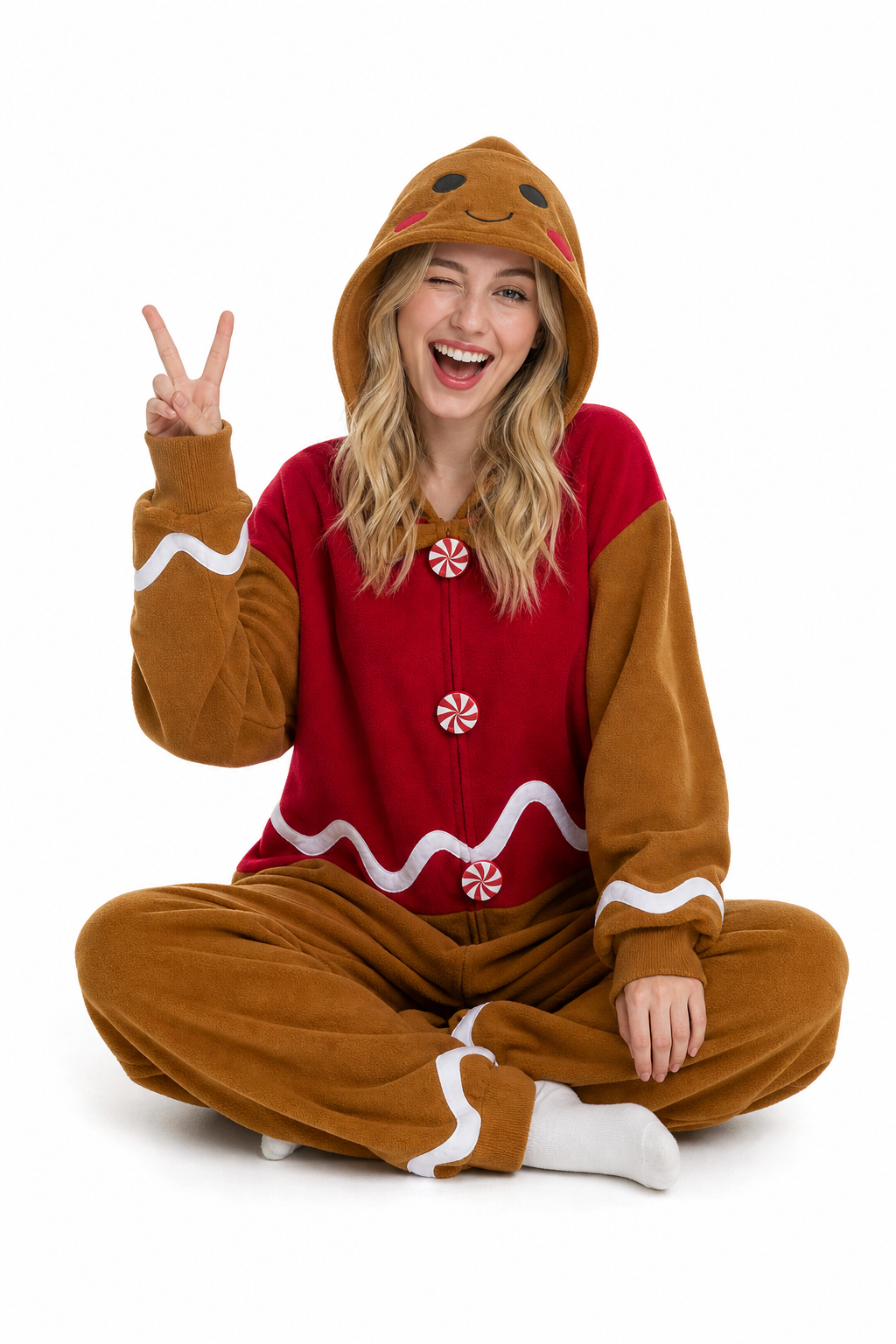 Adult Fleece Gingerbread Man Onesie with Candy Buttons