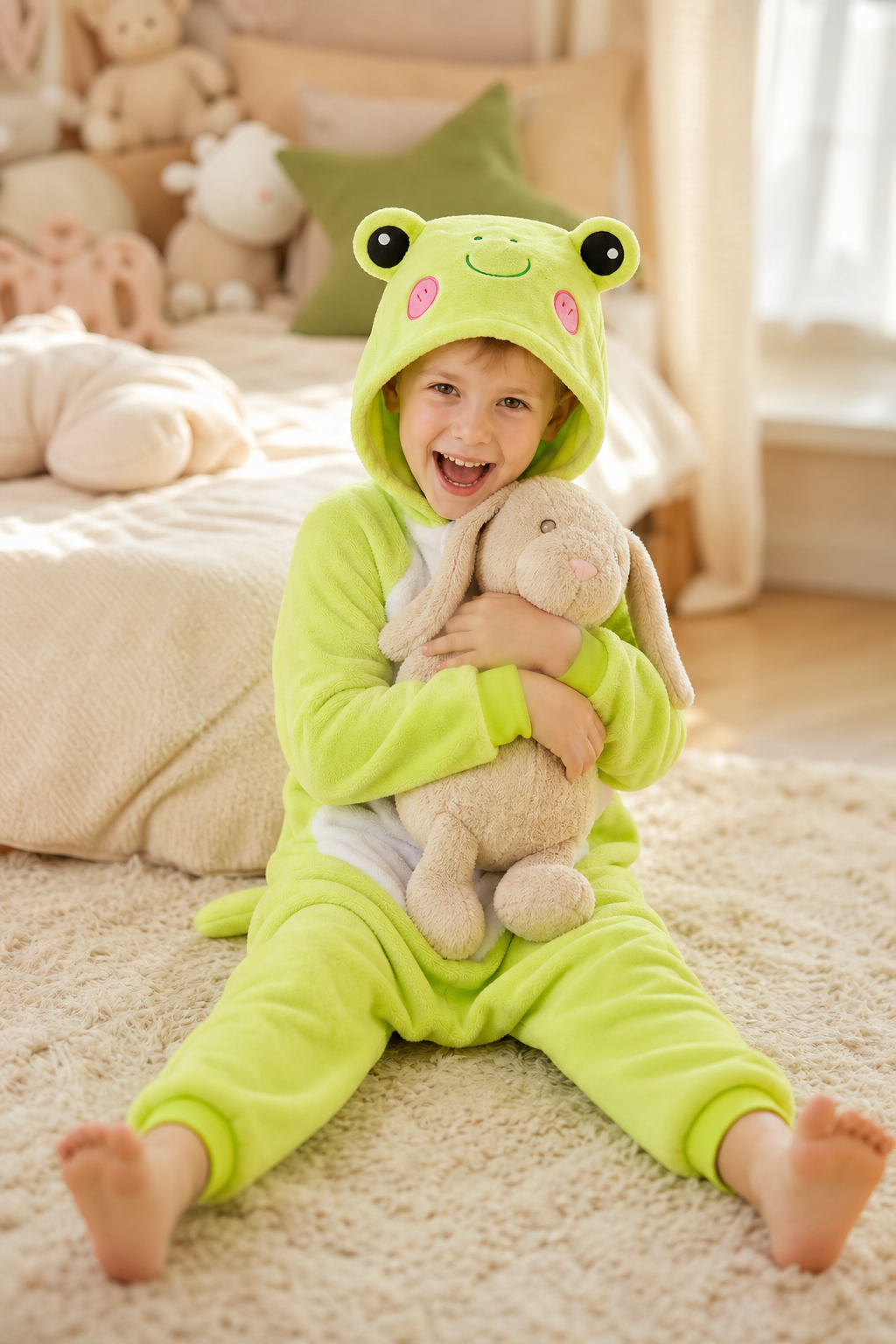 Kids' Hooded Bright Green Frog Plush Kigurumi Onesie