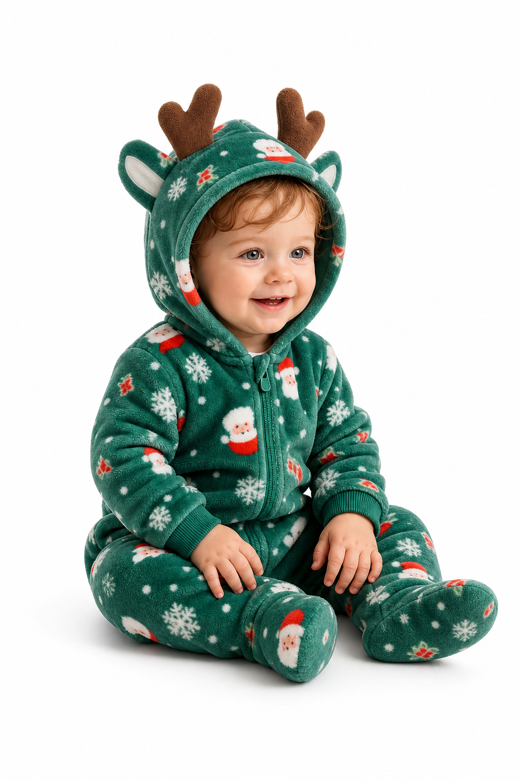 Baby Plush Green Santa Reindeer Hooded Onesie