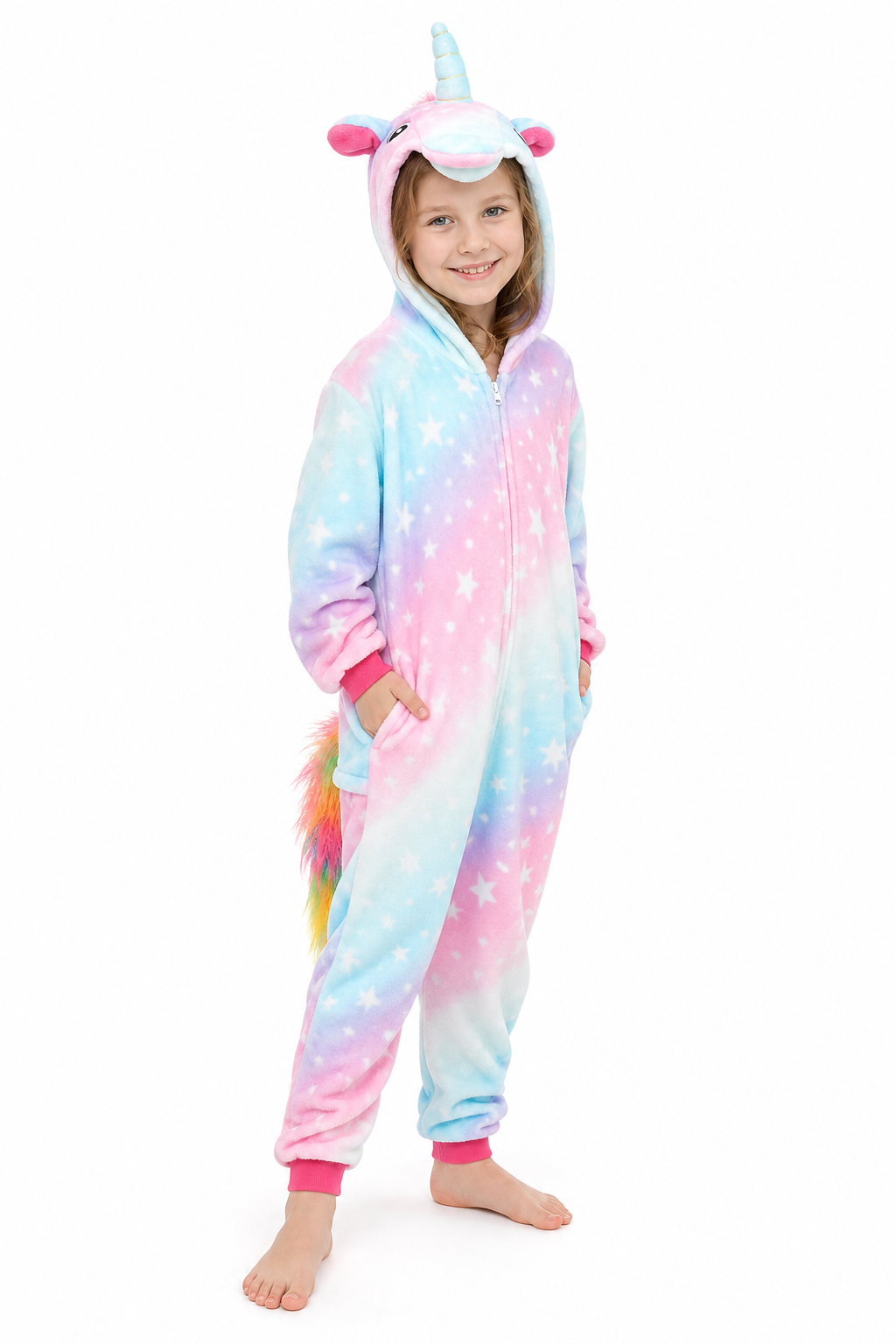 Kids' Hooded Pink and Blue Pastel Star Unicorn Kigurumi Pajama Onesie