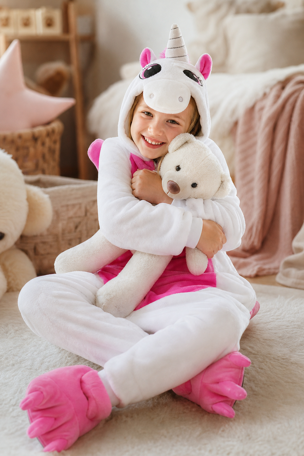 Kids' Hooded White and Bright Pink Unicorn Kigurumi Costume Onesie