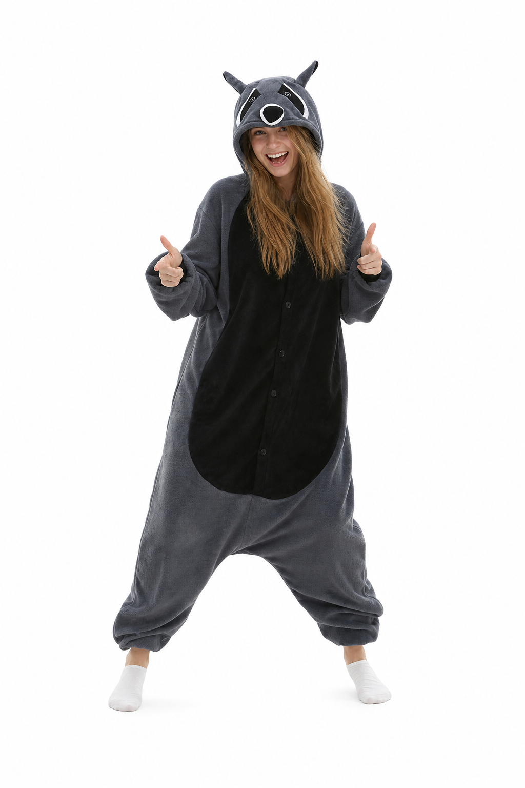 Adult Dark Grey Raccoon Fleece Hooded Onesie