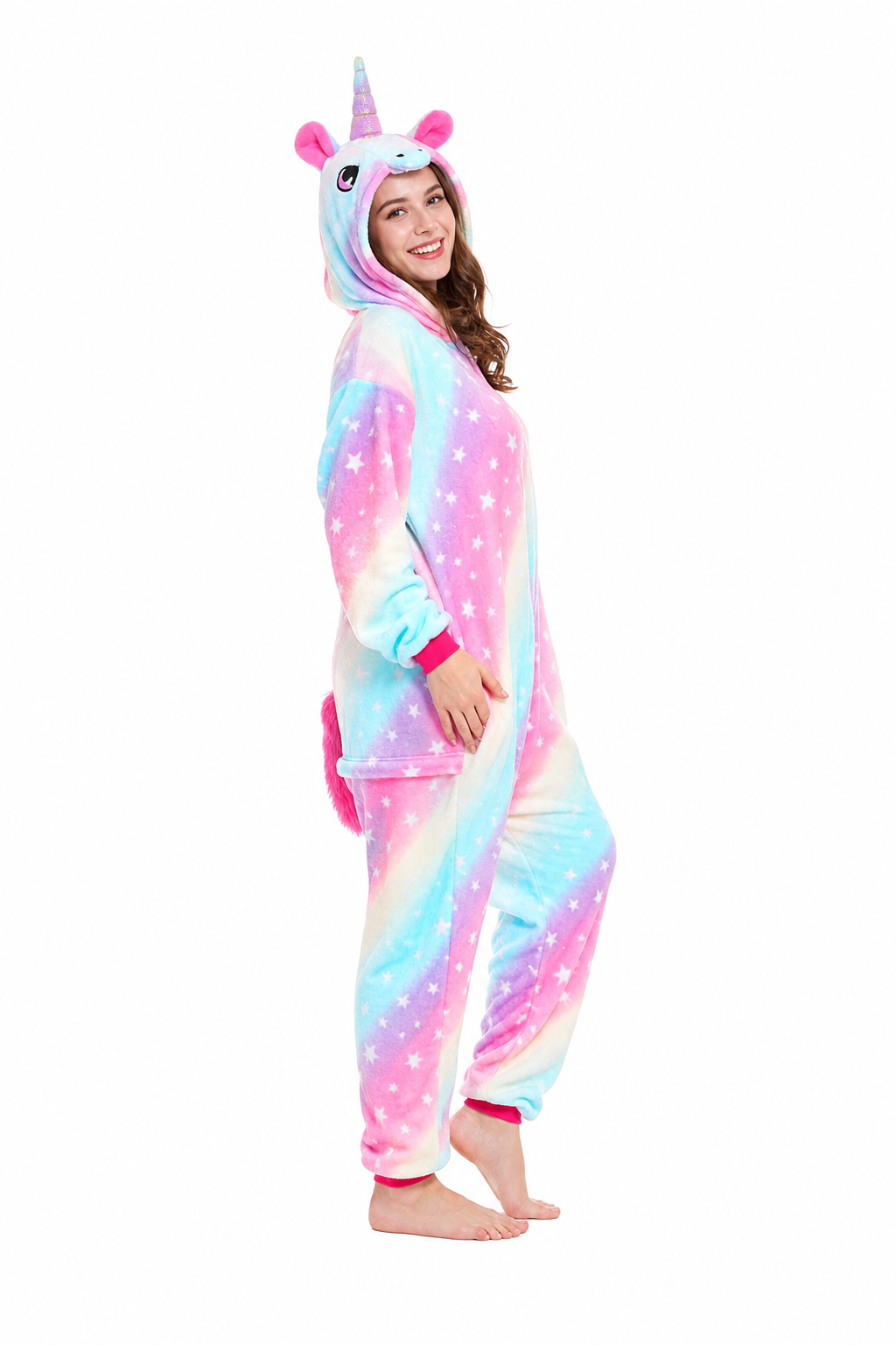 Adult Hooded Pastel Rainbow Star Stripe Unicorn Kigurumi Onesie