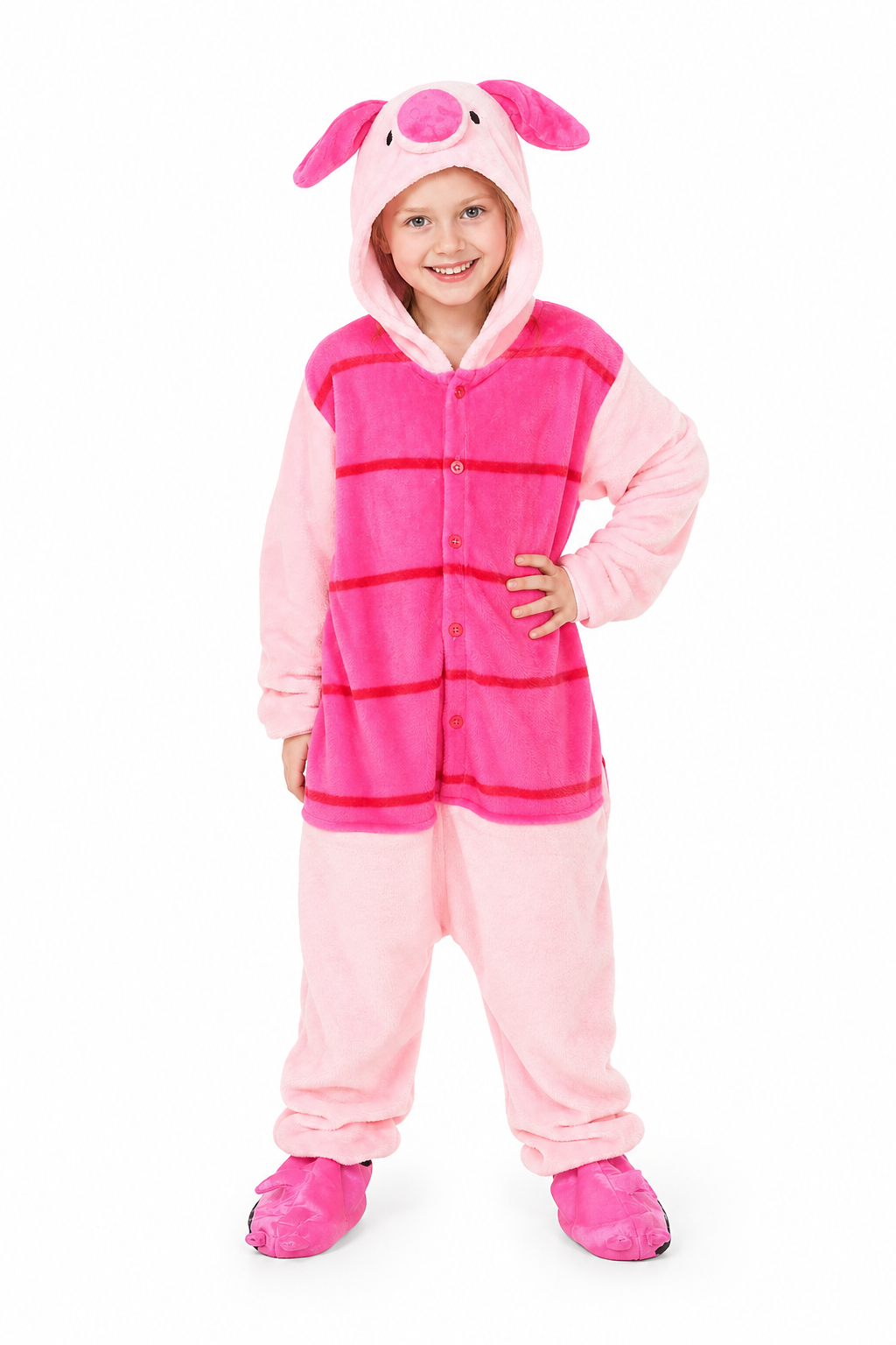 Kids' Hooded Pink Striped Pig Plush Kigurumi Onesie