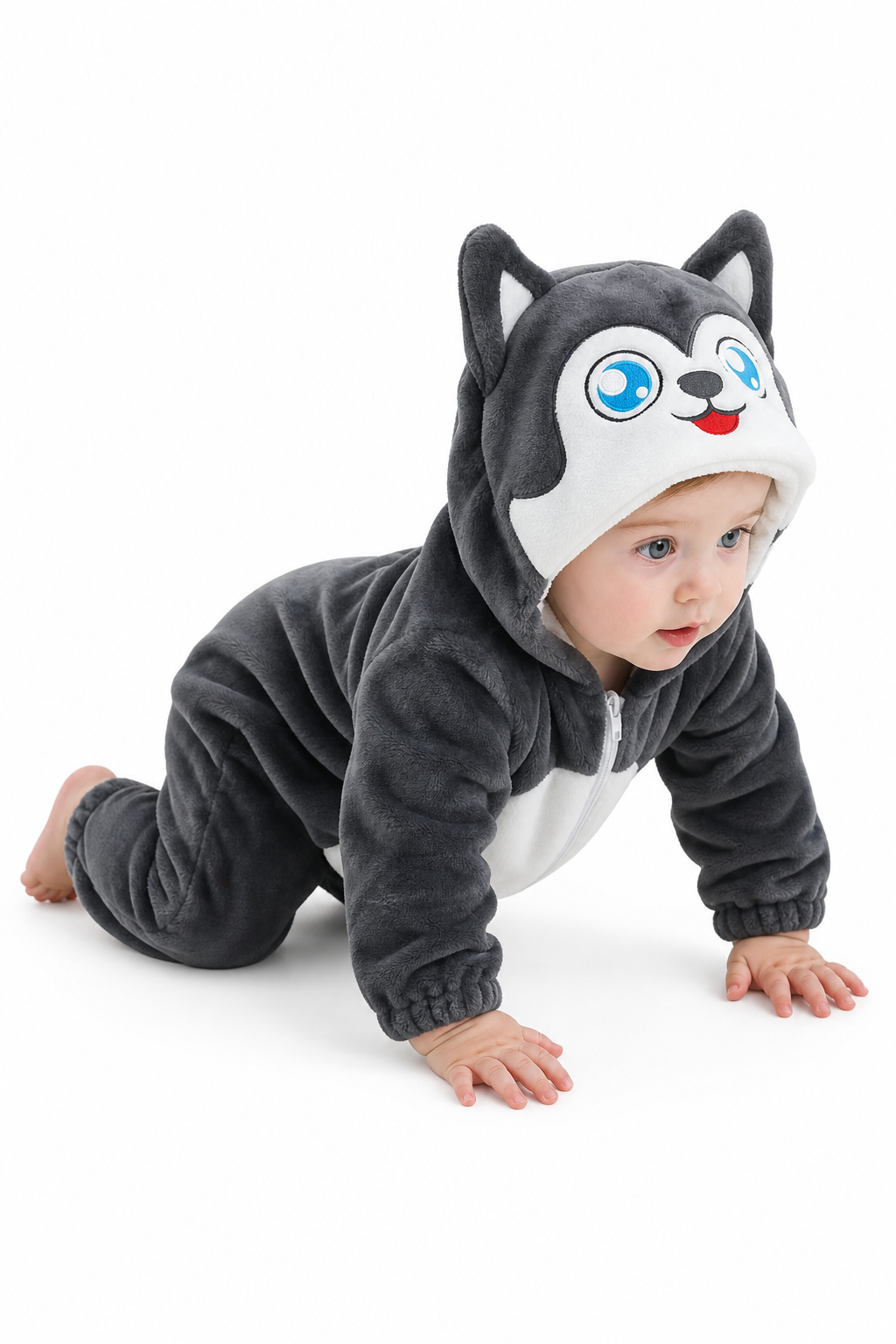 Plush Grey Husky Hooded Baby Kigurumi Onesie