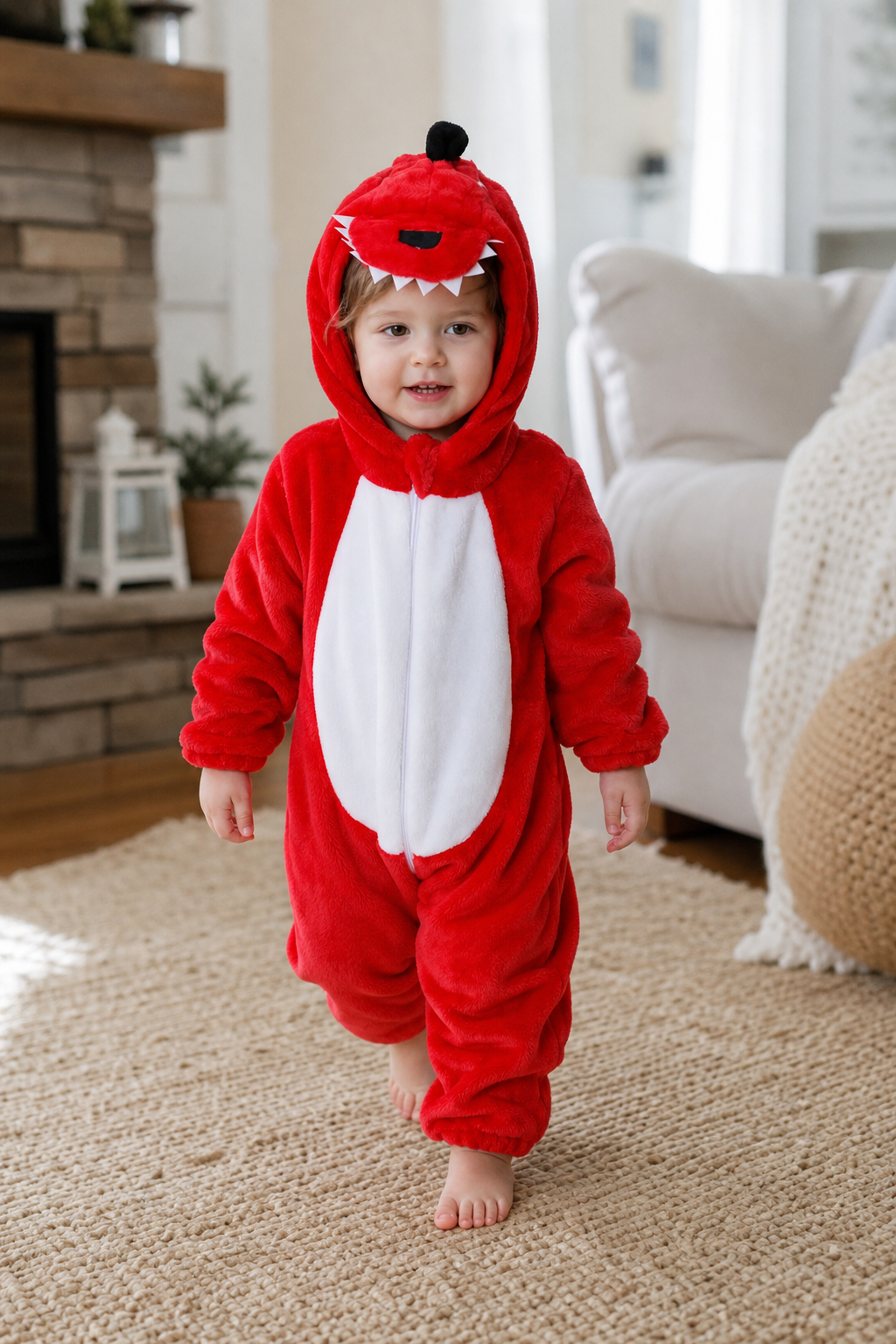 Soft Red Plush Dinosaur Baby Hooded Onesie