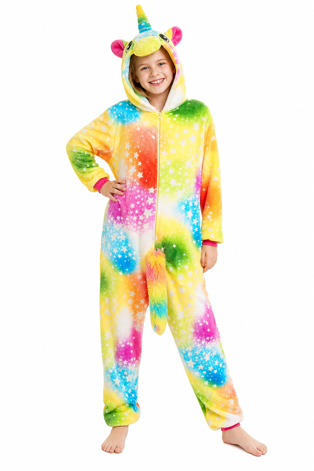 Kids' Hooded Yellow Rainbow Star Unicorn Kigurumi Costume Onesie