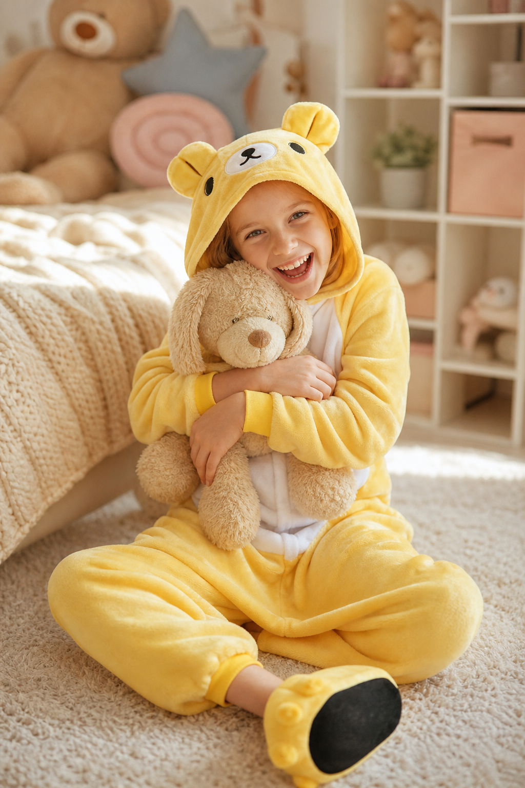 Kids' Hooded Golden Yellow Bear Kigurumi Onesie