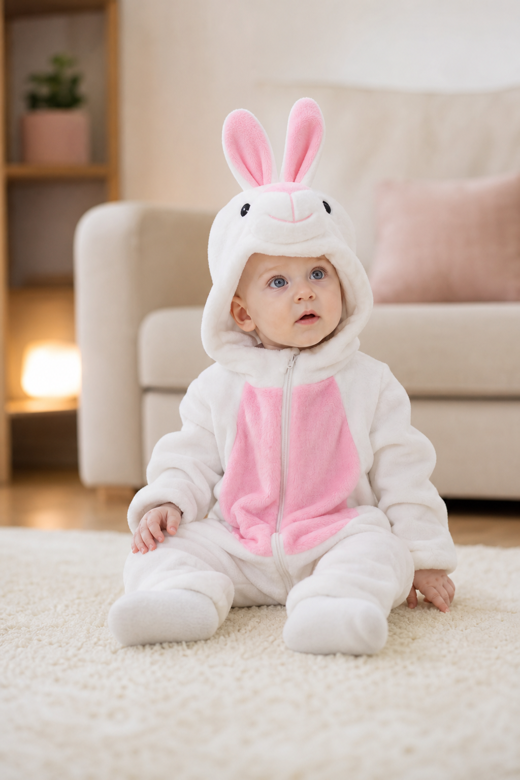 Baby White Rabbit Plush Onesie with Pink Belly