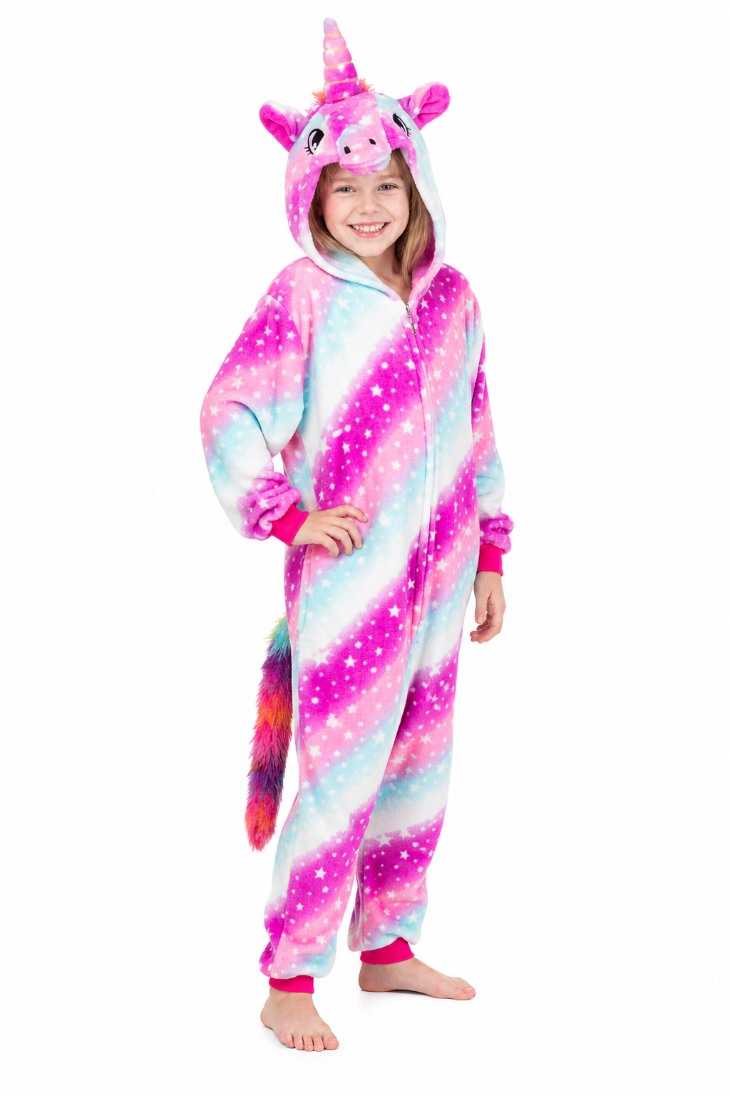 Kids' Hooded Pink Purple and Blue Star Unicorn Kigurumi Onesie