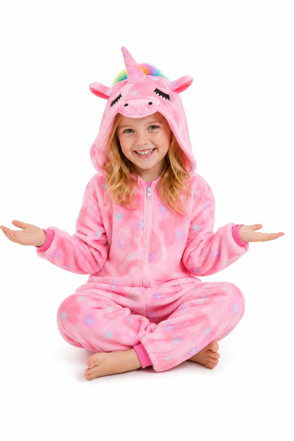 Kids' Hooded Pink Tie-Dye Rainbow-Tail Unicorn Plush Kigurumi Onesie