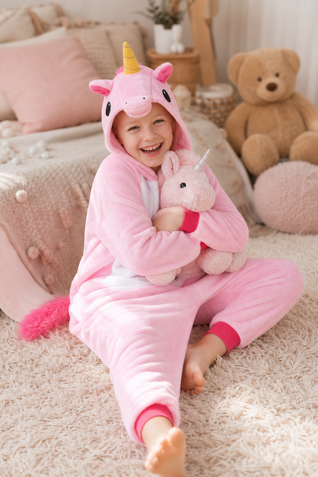 Kids' Hooded Solid Pink Unicorn Kigurumi Pajama Onesie