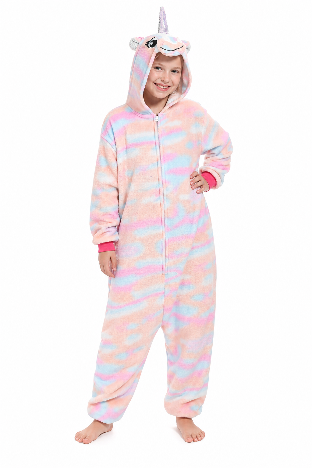 Kids' Hooded Pastel Pink and Blue Tie-Dye Unicorn Plush Kigurumi Onesie