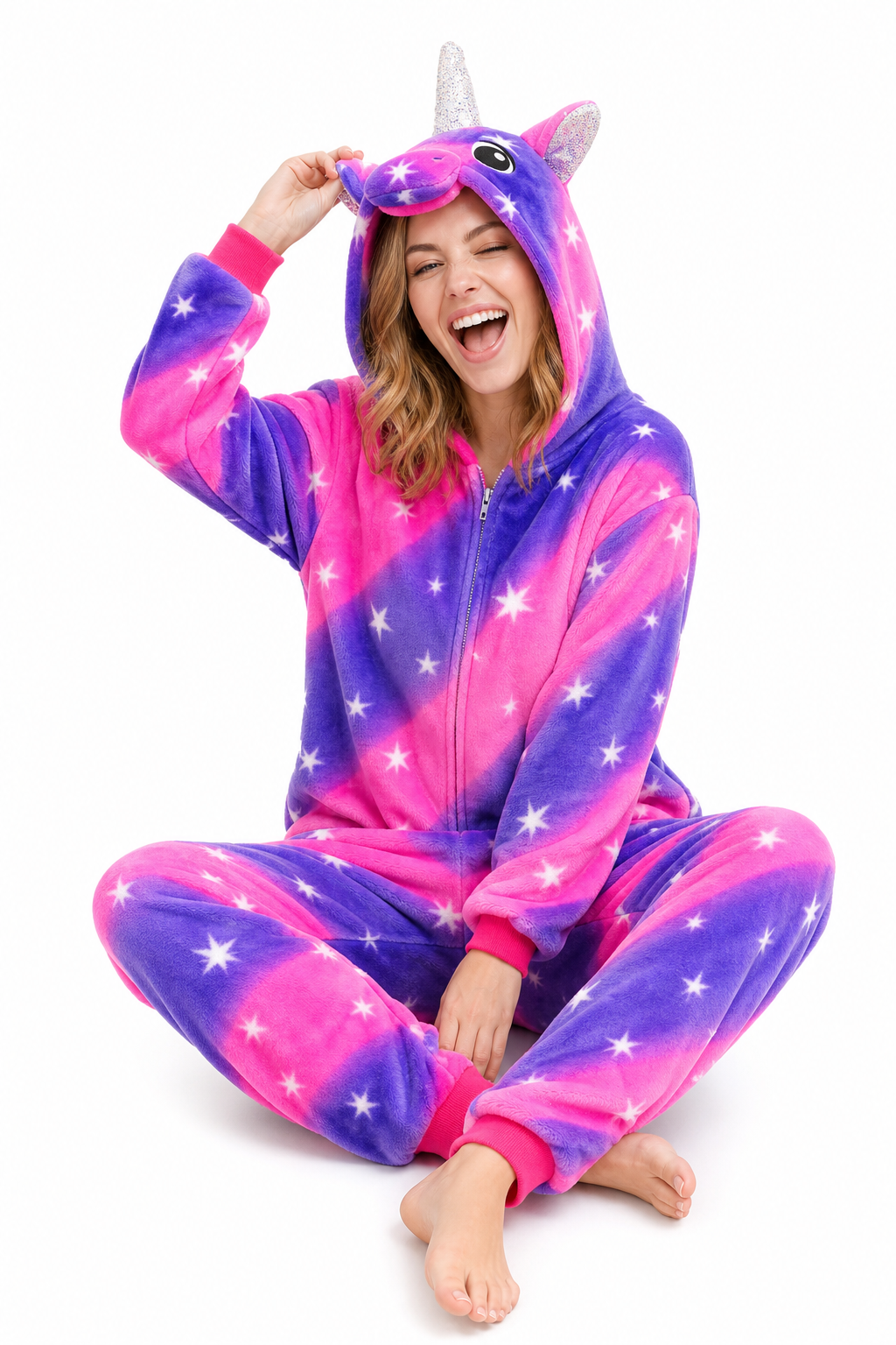 Adult Hooded Neon Pink & Blue Star Stripe Unicorn Kigurumi Onesie