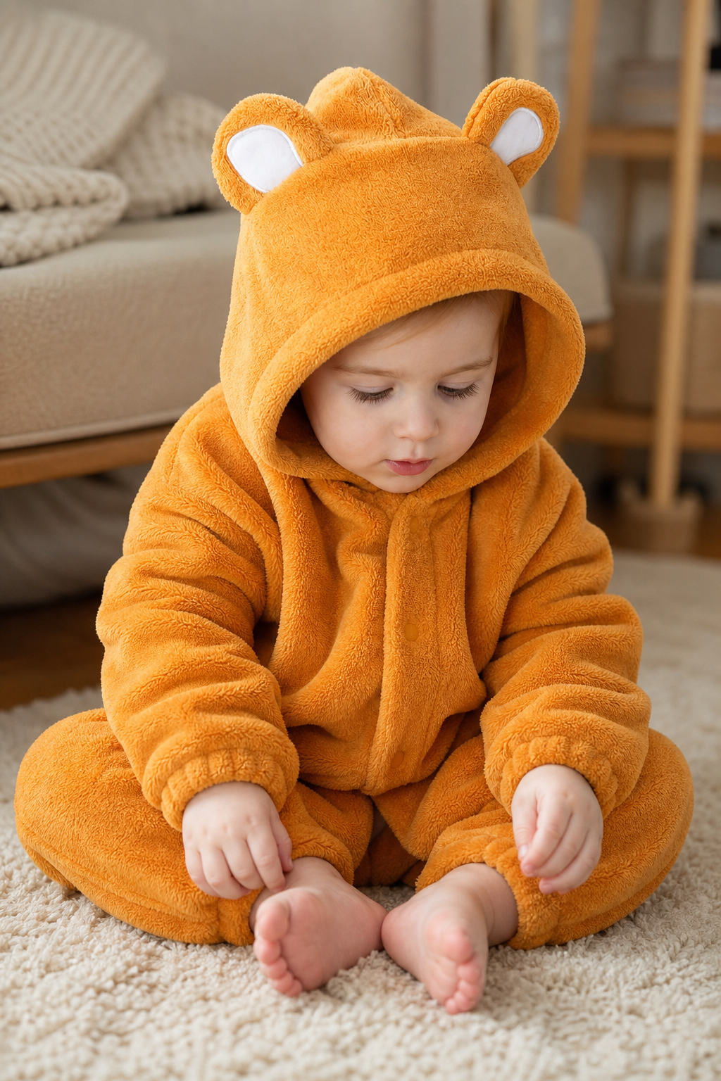 Cozy Baby Orange Plush Bear Hooded Kigurumi Onesie