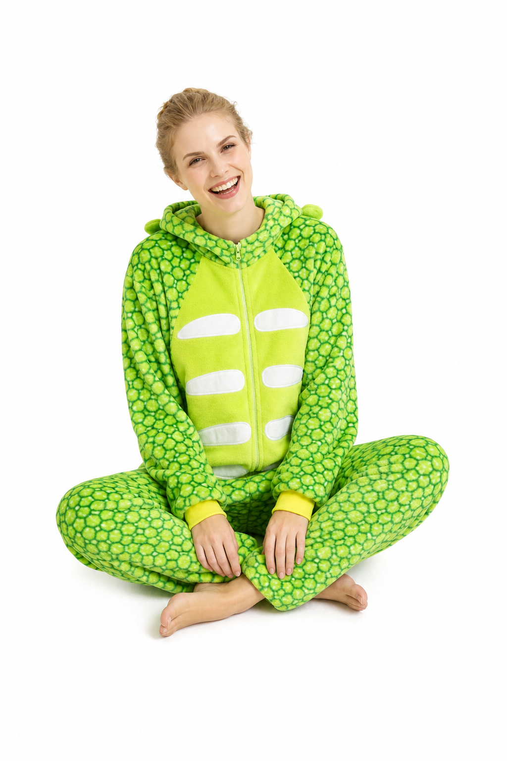 Adult Hooded Vibrant Green Scaled Dinosaur Kigurumi Onesie