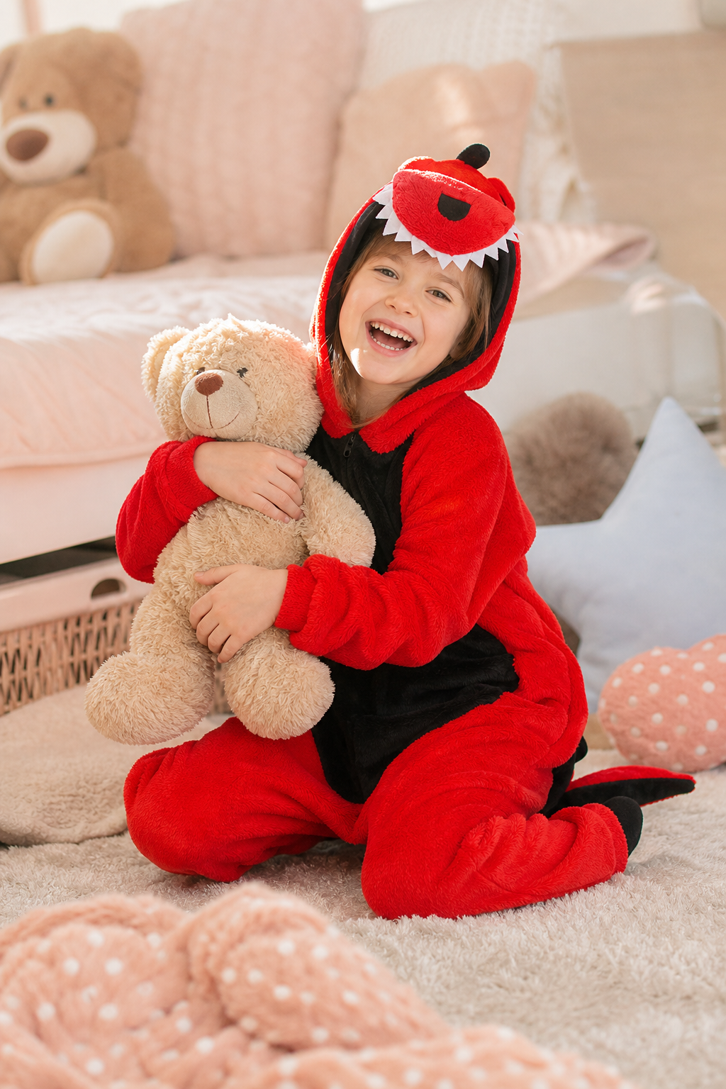 Kids' Hooded Red & Black Dinosaur Kigurumi Onesie